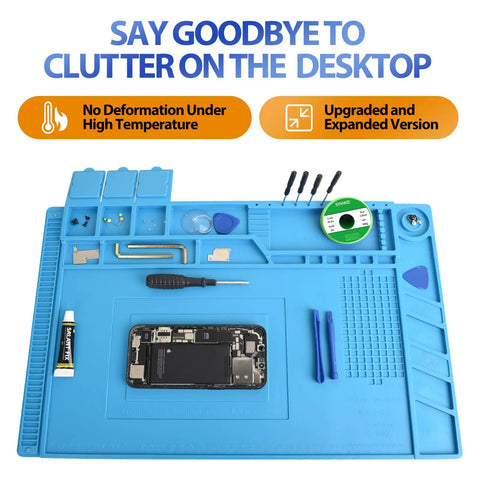 Heat Resistant Silicone Soldering Pad For Electronics Workstation With Anti Static Surface Magnetic Area And Built In Screw Storage 932F Safe 17.7x11.8 Inch Solder Mat Perfect For BGA Soldering And Repair Jobs displayed with tools.