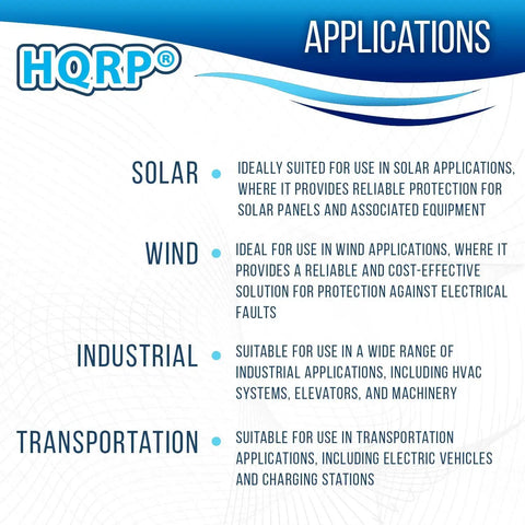 Infographic highlighting applications for HQRP products: Solar, Wind, Industrial, Transportation with descriptions.