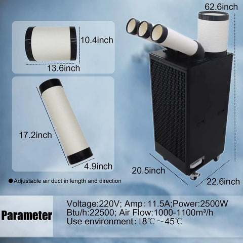 Pro Grade Heavy Duty Industrial Spot Cooler And Portable Commercial Air Conditioner Packing Badass 22500 Btu Hour Cooling with adjustable ducts.