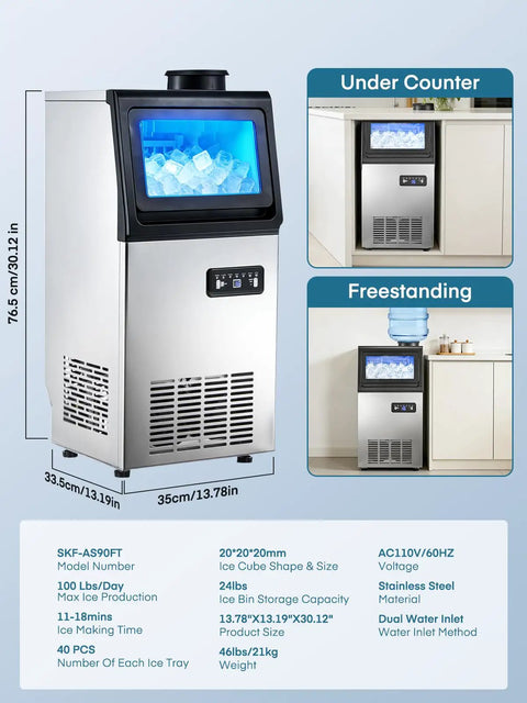 Beast Mode Ice Maker For Home Bar, 100 Lbs Per Day, Freestanding Or Undercounter, Stainless Steel, LED Display