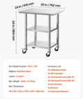Front view of Stainless Steel Commercial Kitchen Work Table 24x30 with wheels, two shelves, 34-inch height, for restaurant use.