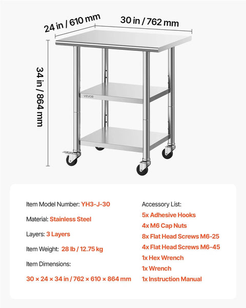 Front view of Stainless Steel Commercial Kitchen Work Table 24x30 with wheels, two shelves, 34-inch height, for restaurant use.