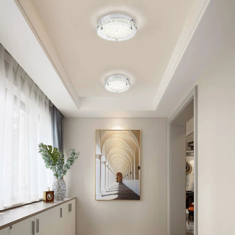 Flush Mount Crystal Ceiling Light With K9 Crystals, Modern Round LED Fixture In 4000K Daylight, 8 Inch installed in hallway