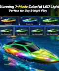 Totally Fun 2.4GHz RC Boat For Kids And Adults with LED light show in pool, showcasing colorful 7-mode lighting for night play.