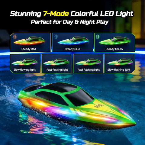 Totally Fun 2.4GHz RC Boat For Kids And Adults with LED light show in pool, showcasing colorful 7-mode lighting for night play.