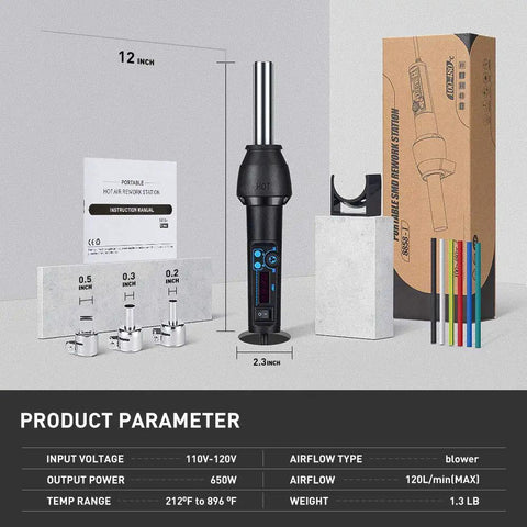 650W Heat Gun Kit With Digital LED Display, Adjustable Temperature, Auto Cool System shown with accessories and specifications.