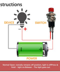 Diagram of 30 Pack SPST Momentary Push Button Switches Normally Open 1A 250V AC with red button and wiring instructions.