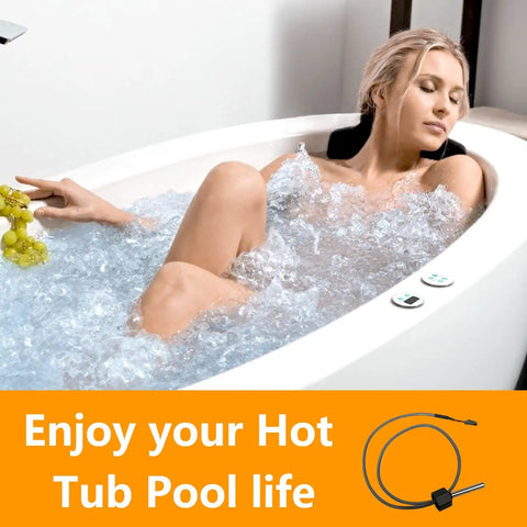 Woman relaxing in hot tub with grapes, highlighting Hot Tub Sensor Kit Dual Purpose 24 Inch Temperature And Hi Limit Sensor.