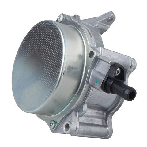 Side view of brake vacuum pump with metal housing and round diaphragm; plastic outlet nozzle