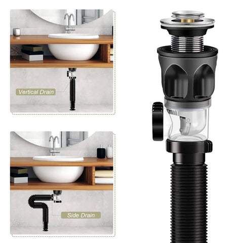 Upgraded Bathroom Sink Drain Kit with Flexible Expandable P Trap, Pop Up Stopper, shown with vertical and side drain setups