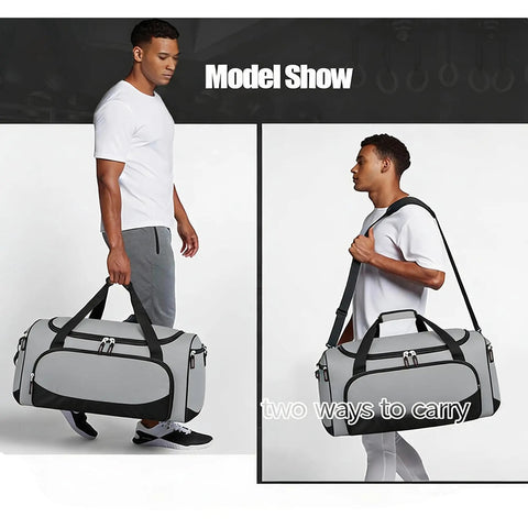 Man carrying Built Tough 55L Duffle Bag For Men Large Gym Duffel For Workout Sports And Travel Gear Gray with shoulder strap and handles