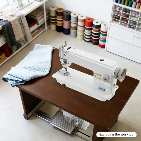 White 6500RPM Industrial Sewing Machine With 550W Pure Copper Motor 110V Heavy Duty for tailor shops on wooden table