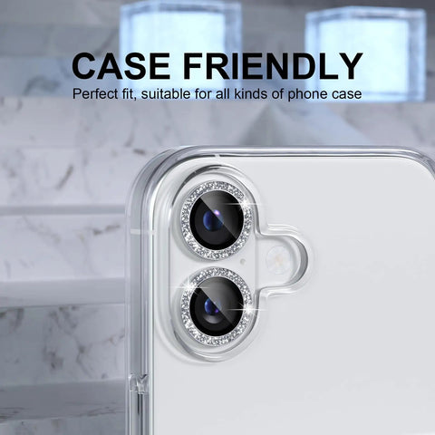 iPhone 17 Camera Lens Protector Bling Kit With 9H Tempered Glass Glitter Ring Decoration 2 Lens Set in Glitter Silver Finish