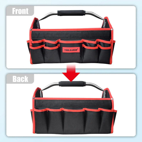 Front and back view of Heavy Duty 19 Inch Tool Bag With 25 Pockets, 1680D Fabric, Sturdy Molded Base, Adjustable Shoulder Strap