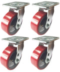 Heavy Duty Caster Set With 4 5 6 And 8 Inch Polyurethane Wheels On Cast Iron Hub Core Non Skid Mark Swivel 5 Inch Diameter Tread 2 Inch 900 Lb Load Capacity Each Built To Take A Beating