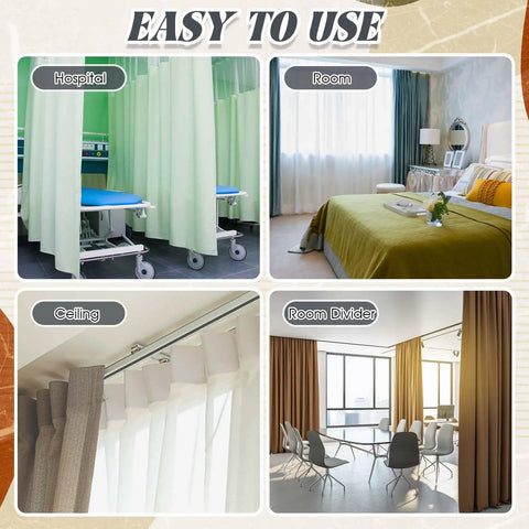 Ceiling Curtain Track Set White Heavy Duty Ceiling Mount Adjustable Length 9.8ft To 13.2ft With Clips Hooks End Caps Pulleys Hardware Included For Room Divider shown in hospital, room, ceiling, and divider use