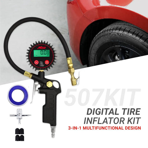 Digital Tire Inflator With Gauge 14 Inch Rubber Hose 250 PSI 3 In 1 Inflate Deflate And Measure Brass Lock On Chuck Car Accessory Kit