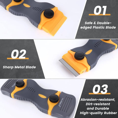 All In One Razor Blade Scraper Tool Set 2 Piece With 20 Replacement Blades for Glass Surfaces shown with features labeled