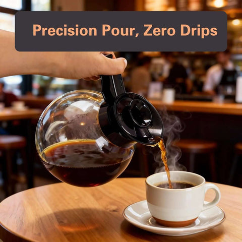Pouring coffee into cup from carafe, related to Heavy Duty 1610W 12 Cup Drip Coffee Maker Workhorse With Two Glass Carafes And Warmers Stainless Steel Housing And Funnel Commercial Grade Brewer For Offices Hotels And Home Use