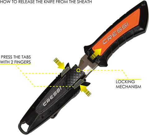 Compact Emergency Dive Knife For Scuba Gear And Spearfishing Use with sheath and locking mechanism detail, 304 blade visible.