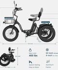 Electric Tricycle For Adults With Fat 4 Inch Tires Foldable Aluminum Frame 400 Pound Capacity Large Rear Basket 500W Motor Compact Folded Size 40X42X29 Hauling Groceries And Weekend Cruising side view with 400 lb load and 20-inch wheels