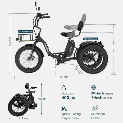 Electric Tricycle For Adults With Fat 4 Inch Tires Foldable Aluminum Frame 400 Pound Capacity Large Rear Basket 500W Motor Compact Folded Size 40X42X29 Hauling Groceries And Weekend Cruising side view with 400 lb load and 20-inch wheels