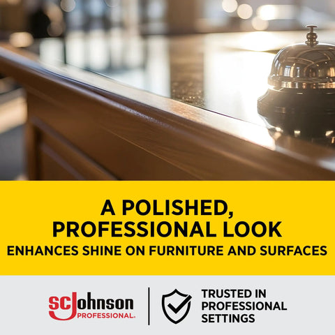 Pro Grade Furniture Polish Spray With Zesty Lemon Scent Bulk Six Pack Aerosol Cleaner For Sealed Wood And Hard Surfaces on polished wood surface.