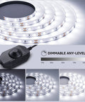 16.4Ft Dimmable LED Strip Lights With 300 High Brightness 2835 LEDs, Daylight White 6000K, showing dimming options and brightness levels.