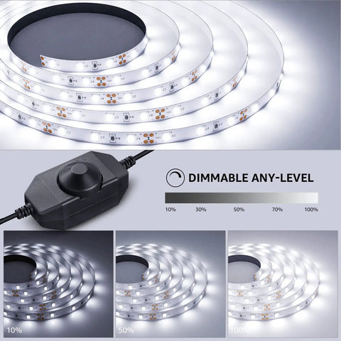 16.4Ft Dimmable LED Strip Lights With 300 High Brightness 2835 LEDs, Daylight White 6000K, showing dimming options and brightness levels.
