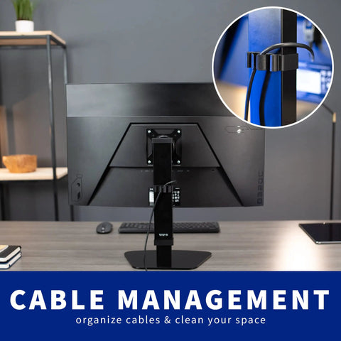 Durable Heavy Duty Freestanding Monitor Mount Desk Stand showing cable management feature for 17 to 32 inch screens.
