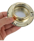 Four Pack Heavy Duty Metal Fire Sprinkler Nozzle Cover Plates showing a gold metal plate held by a hand for easy installation on concealed systems.