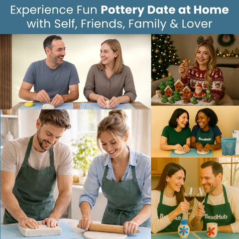 Collage of people enjoying pottery with Beginner Pottery Kit With Air Dry Clay 4.4 Lbs And 2Kg Modeling Clay, Sculpting Tools, Paint