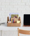 Rattan Desk Organizer With Five Slots Mail Holder And Caddy on white desk, holding magazines, pens, and notes, Boho home office decor.