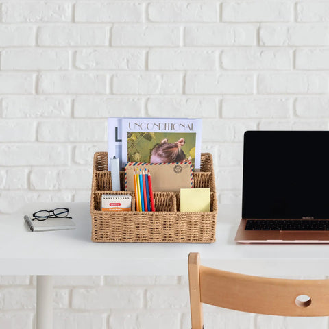 Rattan Desk Organizer With Five Slots Mail Holder And Caddy on white desk, holding magazines, pens, and notes, Boho home office decor.