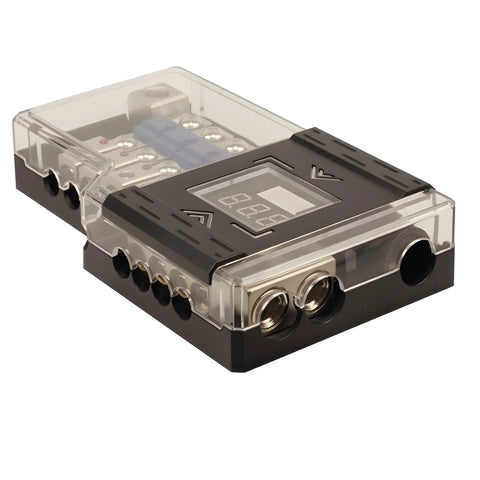 4 Way Mini ANL Fused Car Audio Power Distribution Block With Ground Block Each Block Accepts 0, 2, Or 4 Gauge In And 4 Or 8 Gauge Out Digital LED Voltage Display Ideal For Splitting Power To Multiple Amplifiers Includes Four 60A Fuses, clear cover