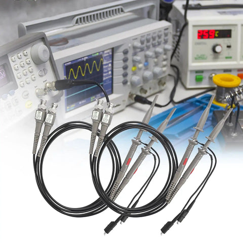 Four Pack 100 MHz 600V DC High Sensitivity Oscilloscope Clip Probe With Switchable Ten To One And One To One, bench setup