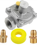 Front view of MCAMPAS dual fuel gas regulator, silver metal body, 1/2 in. FPT NG/LP, with brass adapters and yellow gasket.