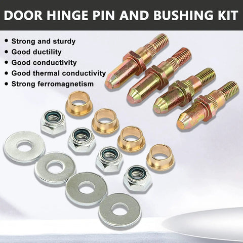 Door Hinge Roller Pin And Bushing Repair Kit For Chevy GMC 1999-2007 Trucks And SUVs Fits Avalanche Silverado Sierra Suburban Tahoe Yukon Escalade Replaces 19299324 And 89025539 Must-Have Durable 4-Hinge Fix, with pins, bushings, washers, and nuts.