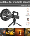 Ultra Bright 200000 Lumen Rechargeable Spotlight For Outdoor Hunting Boating And Camping With 8000 mAh Battery on tripod
