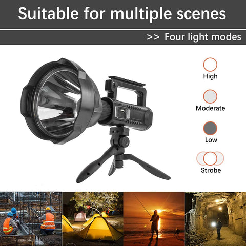 Ultra Bright 200000 Lumen Rechargeable Spotlight For Outdoor Hunting Boating And Camping With 8000 mAh Battery on tripod