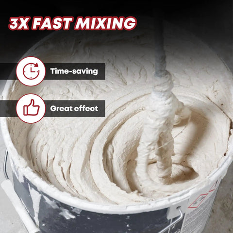 Close-up of Heavy Duty 2300W 110V Handheld Electric Cement Mixer mixing thick mortar in a bucket, showcasing powerful performance.