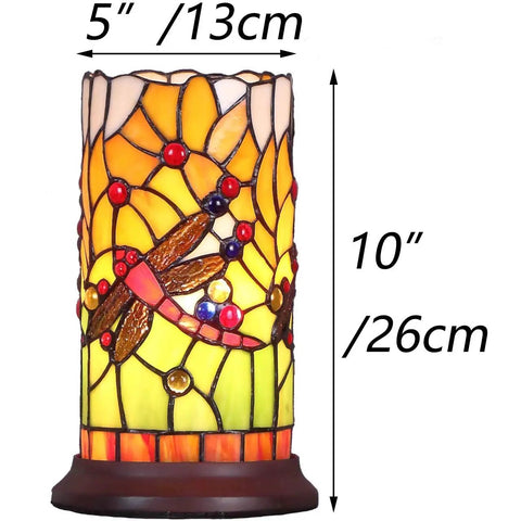 Dragonfly Tiffany Style Stained Glass Mini Table Lamp With Cylindrical Shade 10 Inch Tall Handmade Warm White Accent Lighting