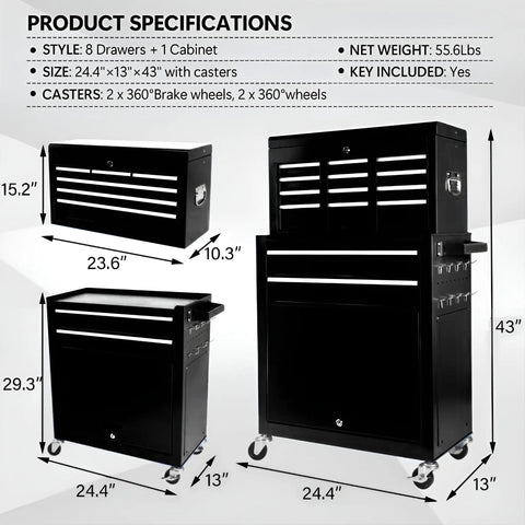 Heavy Duty Eight Drawer Rolling Tool Chest With Lockable Metal Cabinet For Garage And Workshop Setup Detachable Top Box Tough As Nails Steel Build For No Nonsense Shop Organization In Black