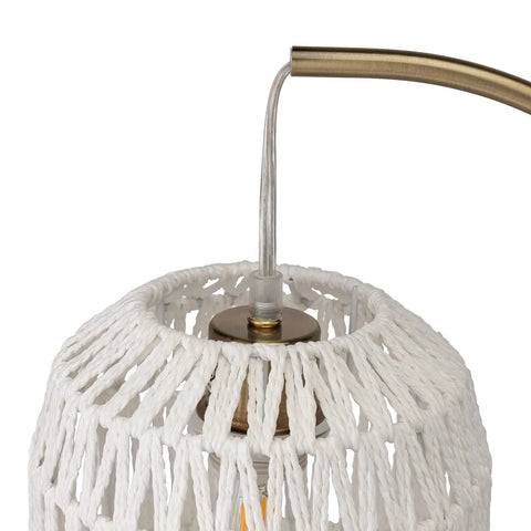 Close-up of white woven rattan shade and gold hardware on Tall Industrial Gold Rattan Bedside Table Lamp With USB Charge Port.