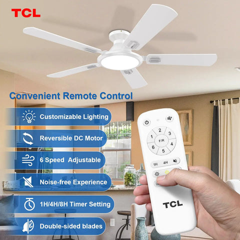 Image of a white 52 Inch Low Profile Ceiling Fan With Lights And Remote Control, White Finish, mounted on the ceiling.