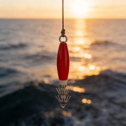 Night Fishing Glow In The Dark Squid Jigs Kit 10 Pcs With Fluorescent Red Orange Yellow Green And Glow Colors in sunset view