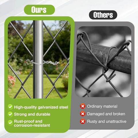 Comparison of chain link fences using T Post Clips For Wire Fencing Kit with 500 Pcs Ez Twist Fence Ties and 11 gauge steel clips