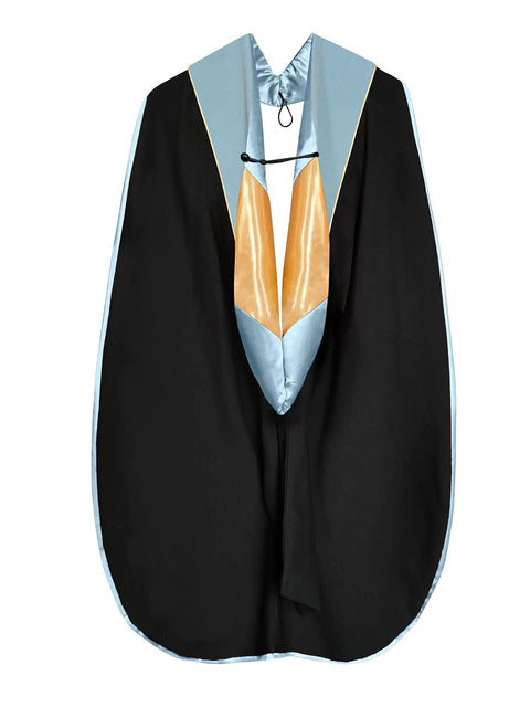 Sky Blue Doctoral Graduation Gown Set With Black Tam And Gold Hood, Dope Matte Polyester Regalia, 8 Sided Hood Design