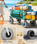260L Beach Wagon With Extended Tailgate Heavy Duty Beach Cart 440Lbs Capacity 9 Inch Balloon Wheels For Sand shown on a beach loaded with gear