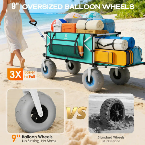 260L Beach Wagon With Extended Tailgate Heavy Duty Beach Cart 440Lbs Capacity 9 Inch Balloon Wheels For Sand shown on a beach loaded with gear